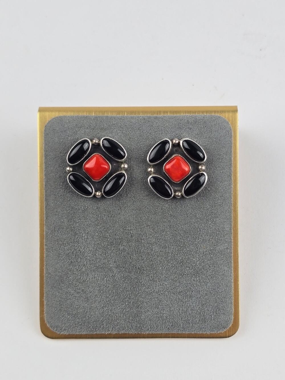 Vintage Sterling Silver Nakai Coral & Onyx post back earring stud Black & red